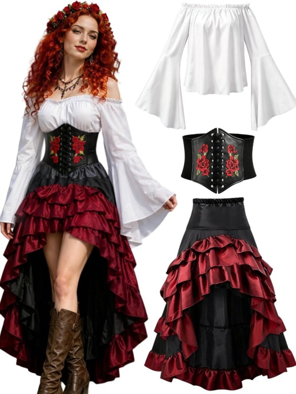 Renaissance Pirate Wench Costume for Women - Corset, Skirt & Blouse Set